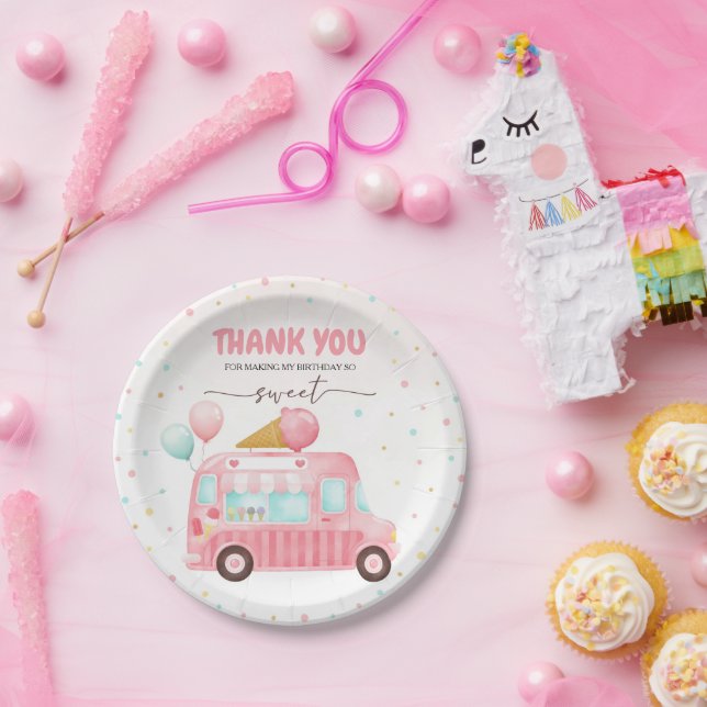 Pink Ice Cream Truck Here's The Scoop Birthday Paper Plate (Party)