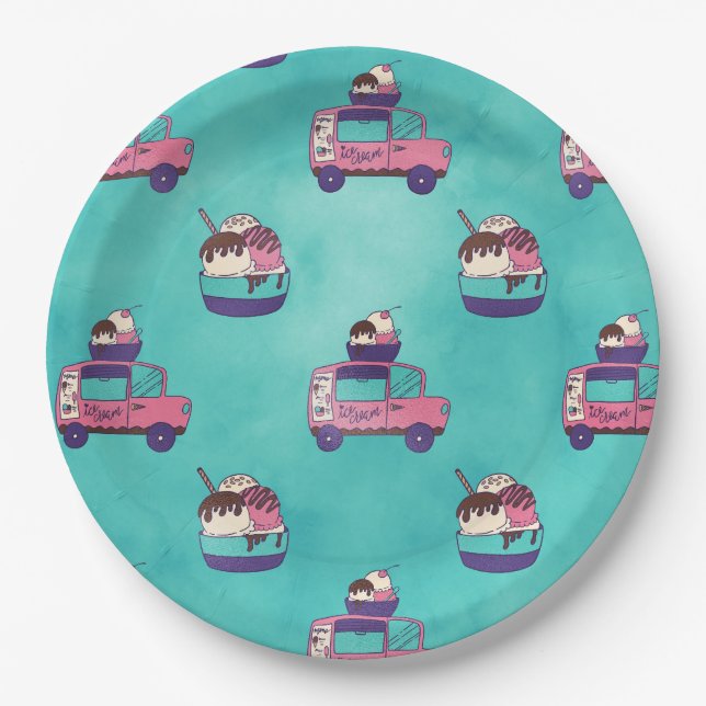 Pink Ice Cream Truck Paper Plate (Front)