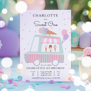 Pink Ice Cream Truck Sweet One 1st Birthday Party Invitation