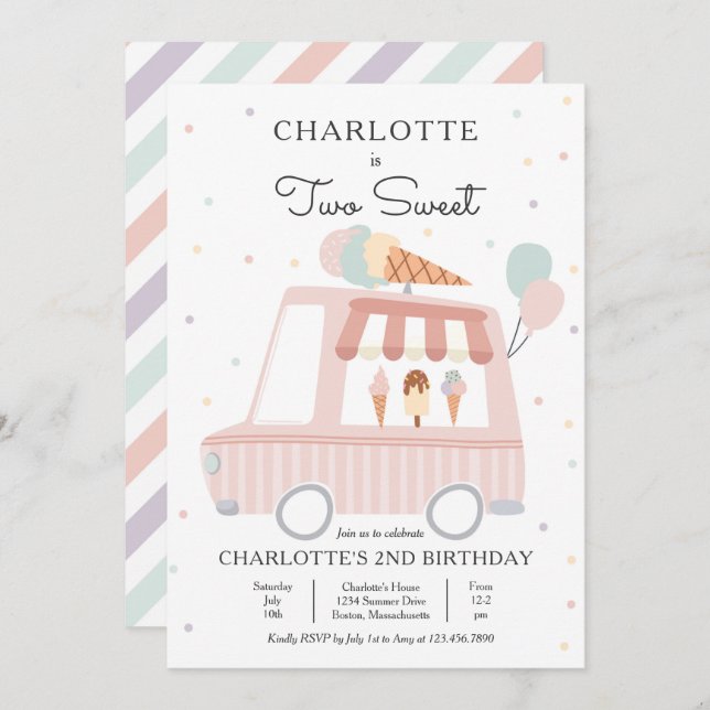 Pink Ice Cream Truck Two Sweet 2nd Birthday Party Invitation (Front/Back)