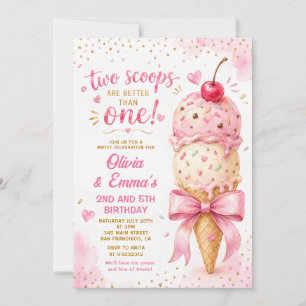 Pink Ice Cream Two Scoops Twin Girls Birthday Invitation