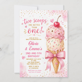 Pink Ice Cream Two Scoops Twin Girls Birthday Invitation