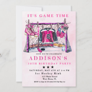 Pink Ice Hockey Birthday Invitation
