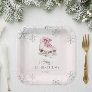 Pink Ice Skating Girl Birthday Silver Snowflakes Paper Plate