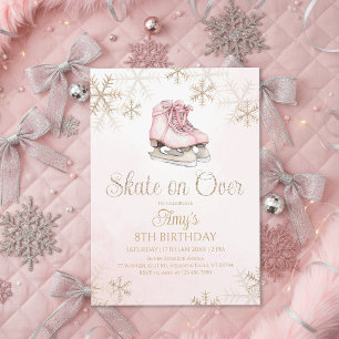 Pink Ice Skating Gold Glitter Snowflake Birthday Invitation