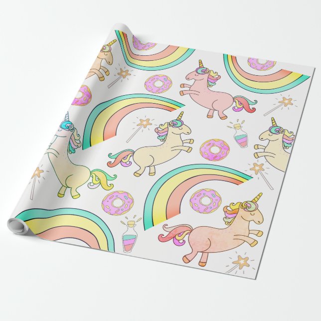 Pink Iced Doughnuts, Unicorns, magic wands, rainbo Wrapping Paper (Unrolled)