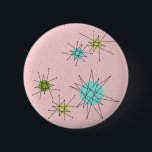 Pink Iconic Atomic Starbursts Round Button<br><div class="desc">This Pink Iconic Atomic Starbursts Round Button pattern features iconic atomic starbursts. That’s right! The old school, First Lady Pink coloured background with gold speckles is the perfect backdrop for the vibrant turquoise, soothing celery, and kitschy pear green coloured circles. The spots of colour are sporadically placed in various sizes...</div>