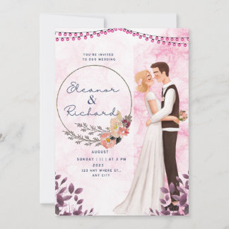 Pink Illustrated Bride and Groom Wedding Invitation