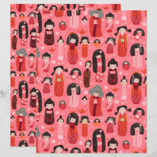 Pink Illustrated Japanese Kokeshi Scrapbook Paper