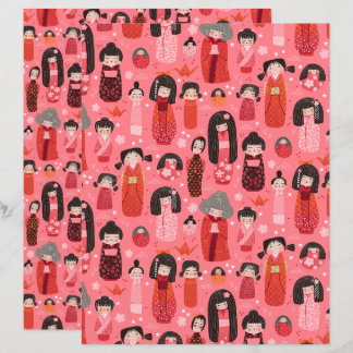 Pink Illustrated Japanese Kokeshi Scrapbook Paper