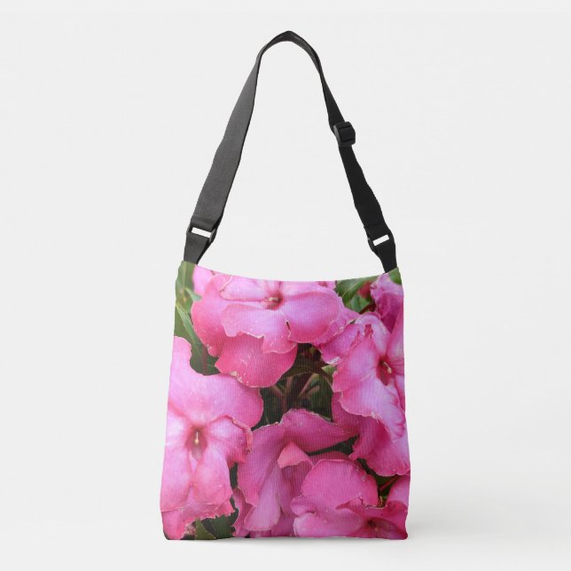 Pink Impatiens Basking in Light Crossbody Bag (Front)