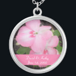 Pink Impatiens Flower Necklace<br><div class="desc">These are Pink Impatiens flowers. Makes a great gift for a loved one. Names and Date can be changed to your own. Just enter them in the text boxes to the right. Check out my other necklaces in my store.</div>