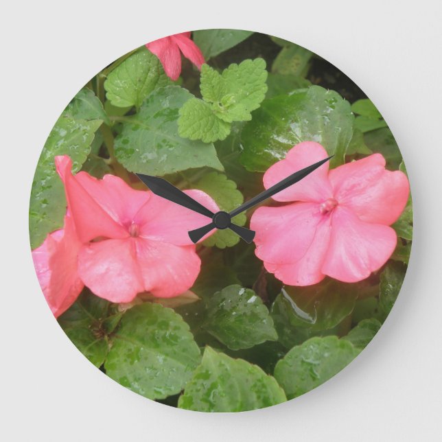 Pink Impatiens Flowers Wall Clock (Front)