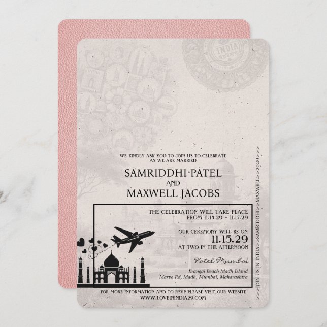 Pink India Passport Wedding Invitation (Front/Back)