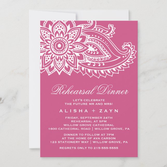 Pink Indian Paisley Rehearsal Dinner Invitation (Front)
