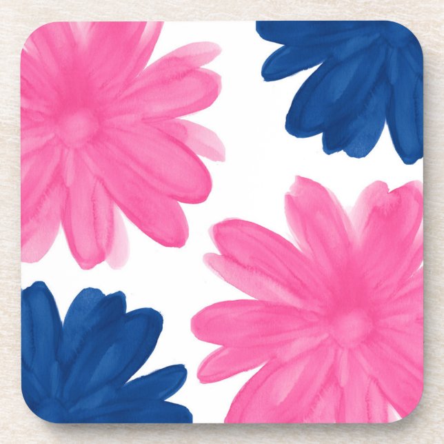 Pink Indigo Blue Watercolor Flowers Coaster (Front)