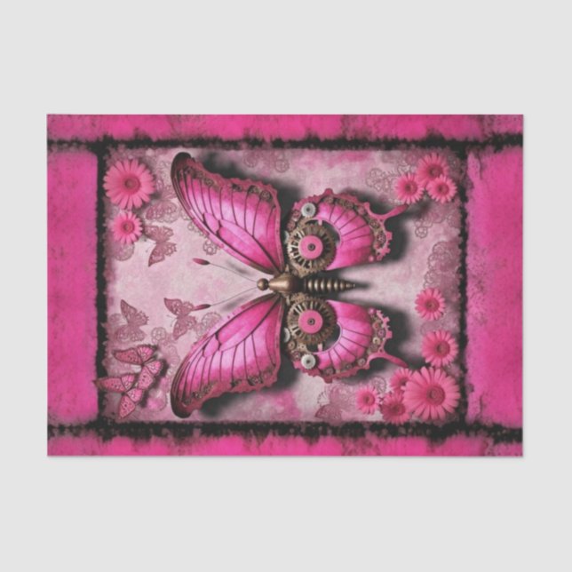 Pink Industrial Butterfly with Floral Decoupage Tissue Paper (Front)