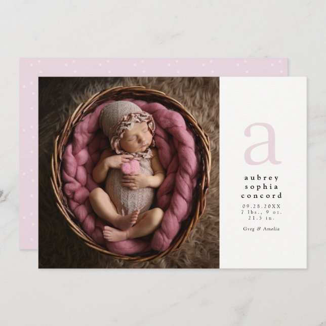 Pink initial simple classic birth announcement (Front/Back)