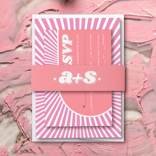 Pink initials retro groovy 70s inspired wedding invitation belly band