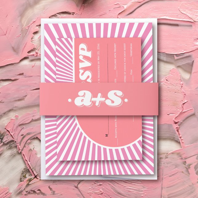 Pink initials retro groovy 70s inspired wedding invitation belly band (Creator Uploaded)