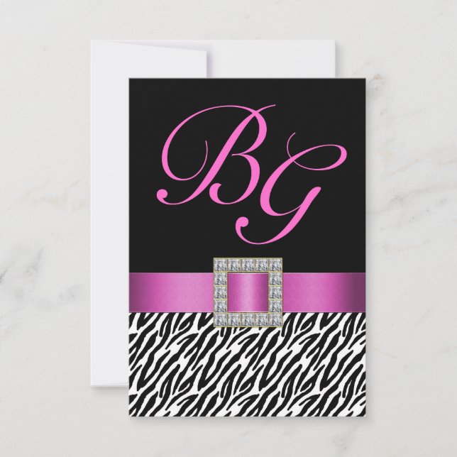 Pink Initials Zebra Stripes Wedding RSVP (Front)
