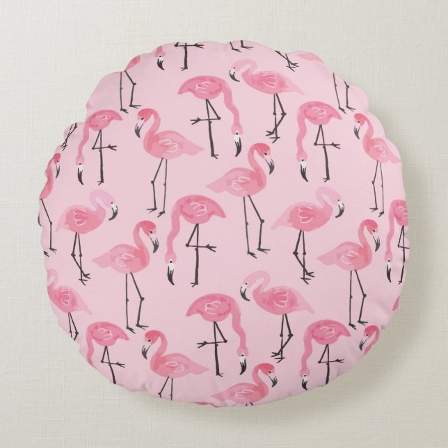 Pink ink flamingo set, tropical summer pattern vin round cushion (Front)