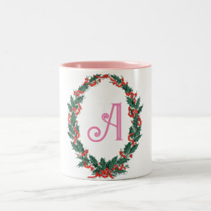 Pink Intial Letter A Decorated Greenery Wreath Two-Tone Coffee Mug