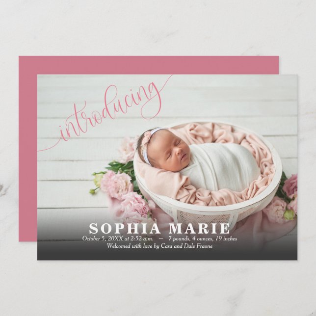 Pink Introducing Baby Photo Birth Announcements (Front/Back)
