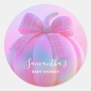 Pink Iridescent Coquette Bow Pumpkin Baby Shower Classic Round Sticker