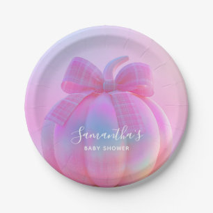 Pink Iridescent Coquette Bow Pumpkin Baby Shower Paper Plate