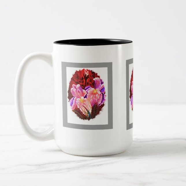 "Pink Iris Flower Mug" Two-Tone Coffee Mug (Left)