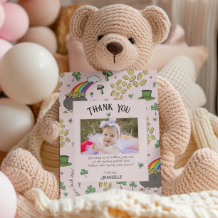 Pink Irish Rainbow Clovers & Hearts Kids Birthday Thank You Card