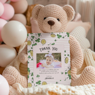 Pink Irish Shamrocks and Lucky Coins Kids Birthday Thank You Card