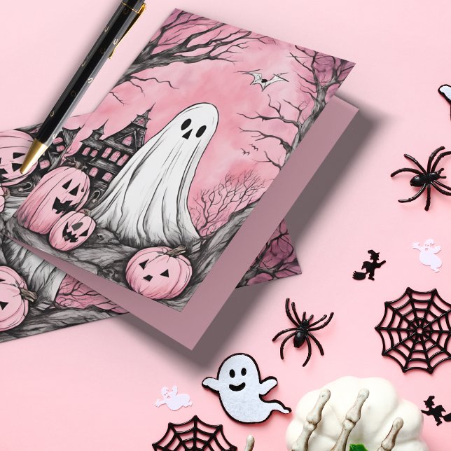 Pink is the New Orange Ghost & Pumpkin Halloween Card (Cute, funny and best of all, pink!)