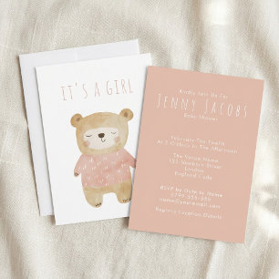 Pink It’s a Girl Watercolor cute Bear Baby Shower Invitation