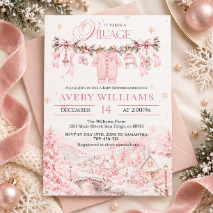 Pink It Takes a Village Christmas Baby Shower Girl Invitation