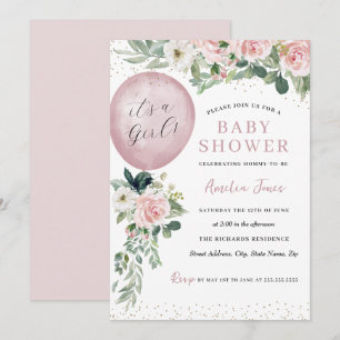 Pink It's a Girl Balloon Baby Shower Invitation