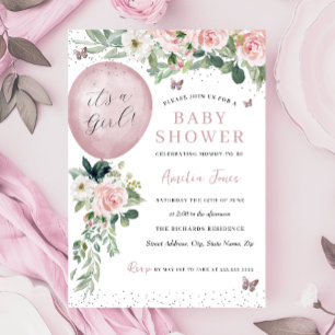Pink It's a Girl Balloon Butterfly Baby Shower Invitation