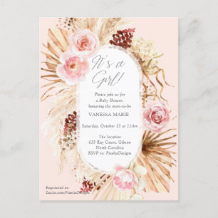 Pink its a girl boho watercolor floral pampas invitation postcard