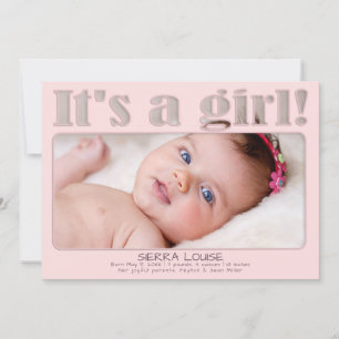 Pink It's A Girl Custom New Baby Photo Birth Announcement