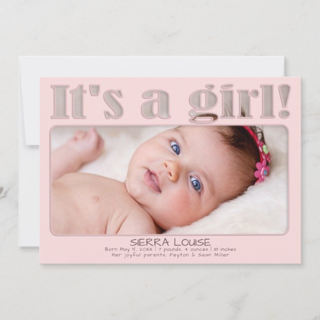 Pink It's A Girl Custom New Baby Photo Birth Announcement (Front)
