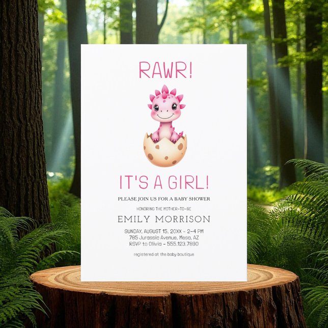 Pink It's a Girl Cute Dinosaur Baby Shower Invitation (Creator Uploaded)