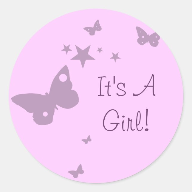 Pink It's A Girl Pink Butterfly Baby Girl Stickers (Front)