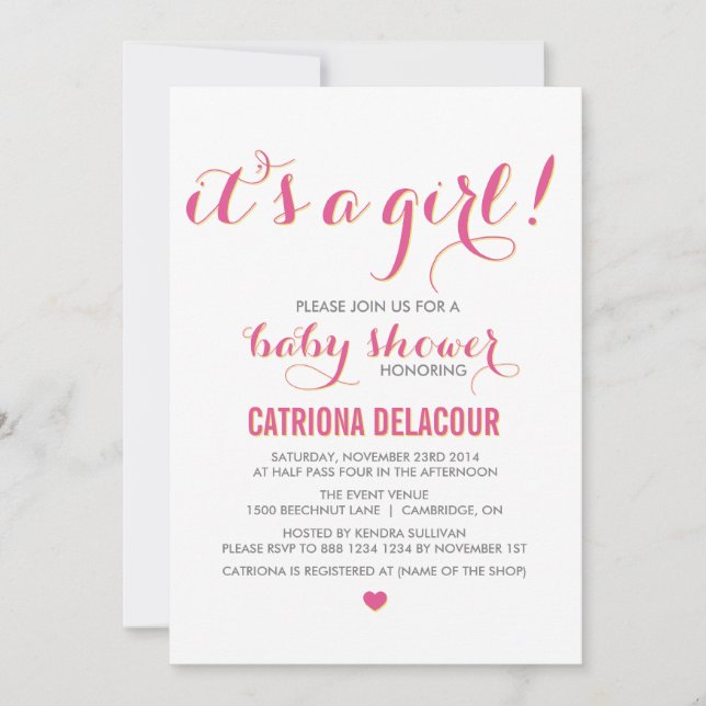 Pink It's a Girl Typography Baby Shower Invitation (Front)