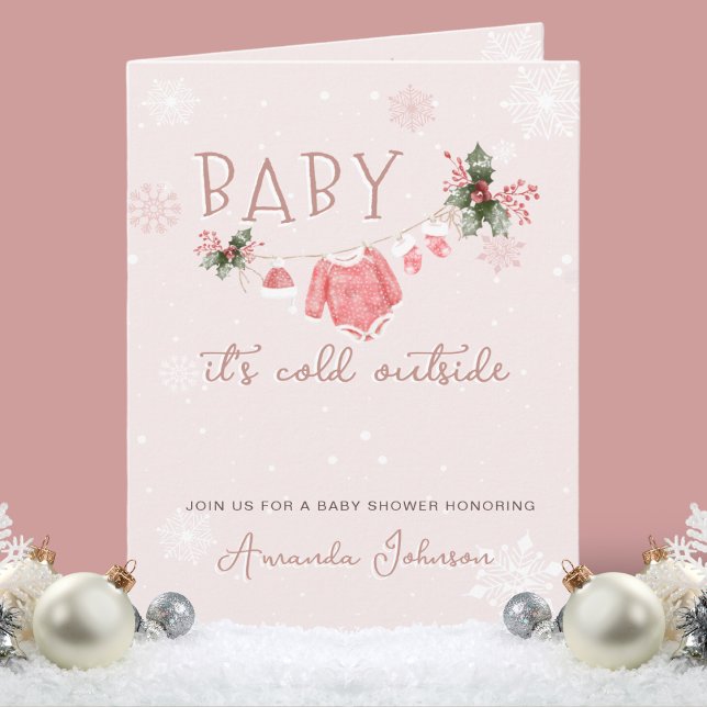 Pink Its Cold Outside Christmas Baby Shower Folded Invitation (Creator Uploaded)