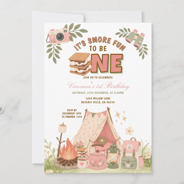 Pink It's Smore Fun to Be One Birthday Marshmallow Invitation (Front)