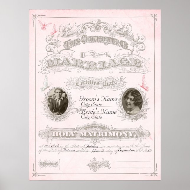 Pink & Ivory Butterfly Marriage Certificate Poster (Front)