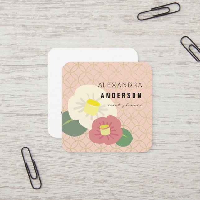 Pink & Ivory Camellia Pink Square Business Card (Front/Back In Situ)