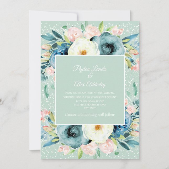 Pink Ivory Cream Floral Stardust Mint Wedding Invitation (Front)