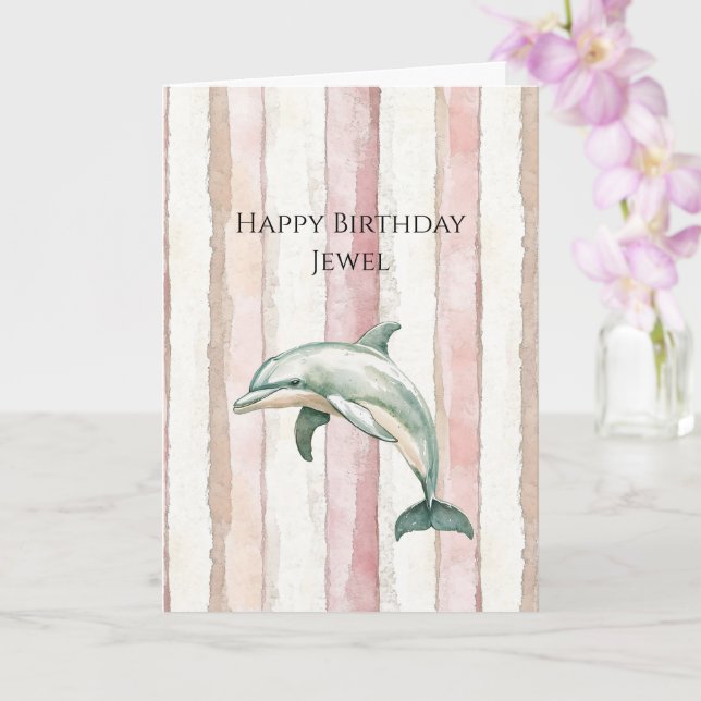 Pink Ivory Cream Stripes Dolphin Birthday Card (Orchid)